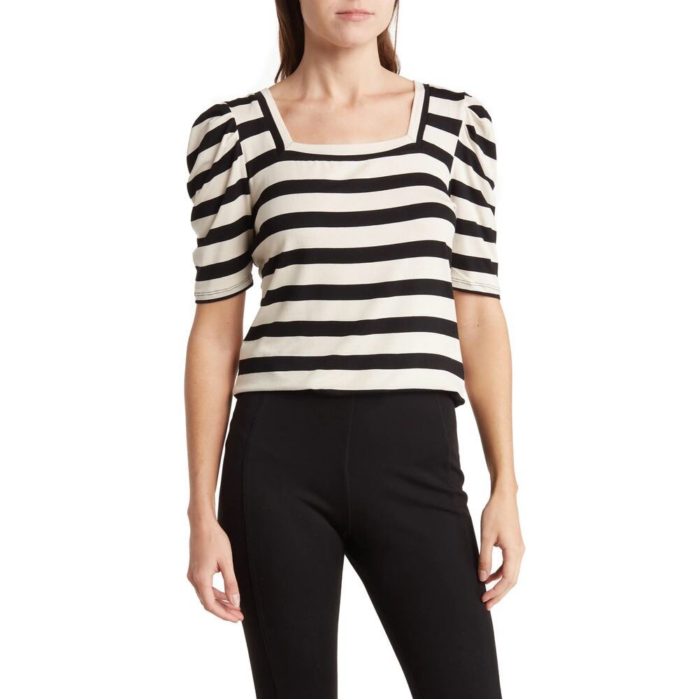 New T Tahari Elbow Sleeve Square Neck Top in Cream / Black Women's Size XS